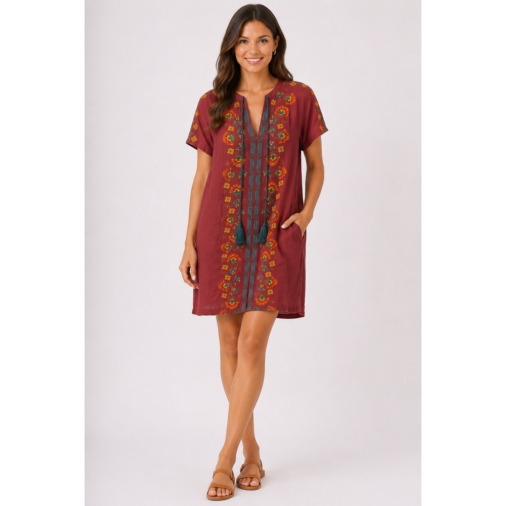Natural Life Embroidered Boho Shift Dress Terracotta Red Cotton Tassel Pockets M